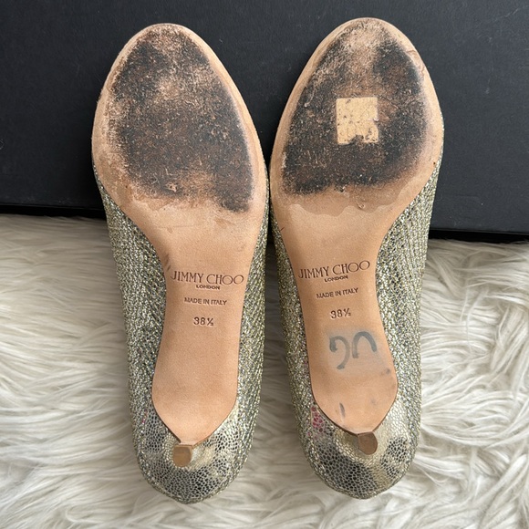 Jimmy Choo Gold Glitter Leather “Isabel” Peep Toe Heels Size 38 1/2 - Picture 11 of 13